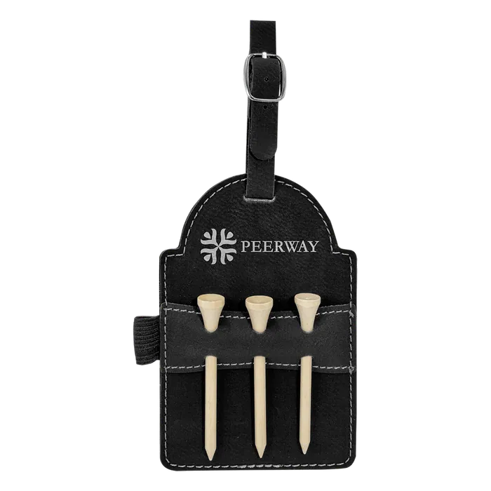 Black/Silver Leatherette Golf Bag Tag with Wooden Tees