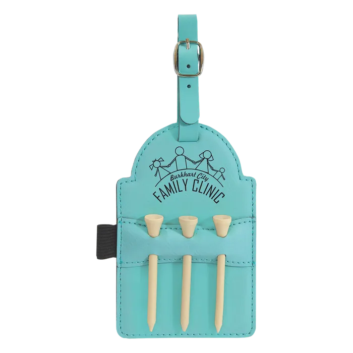 Teal Leatherette Golf Bag Tag with Wooden Tees