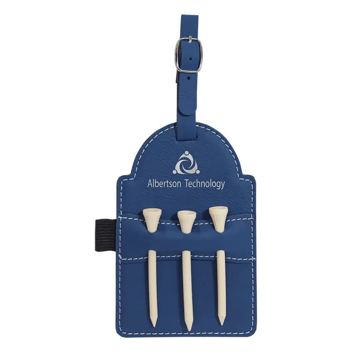 Blue/Silver Leatherette Golf Bag Tag with Wooden Tees