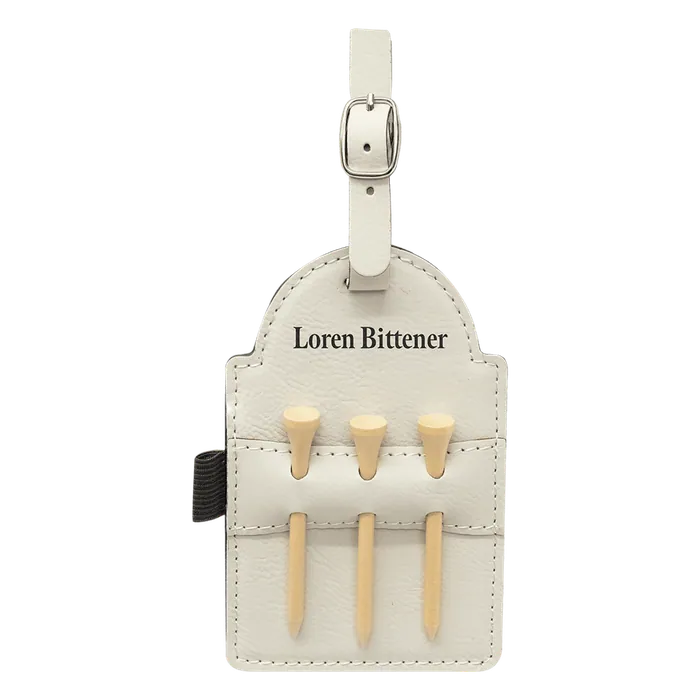White Leatherette Golf Bag Tag with Wooden Tees