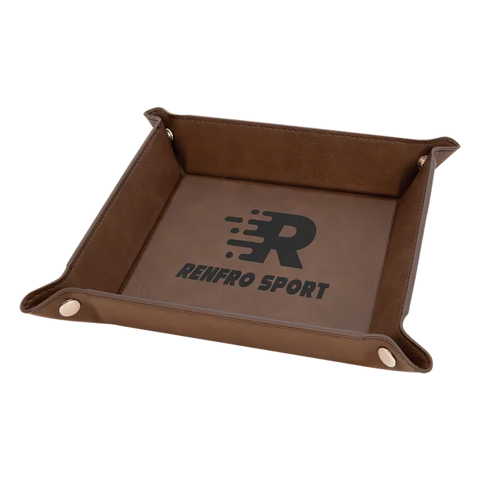 6" x 6" Dark Brown Laserable Leatherette Snap Up Tray with Silver Snaps