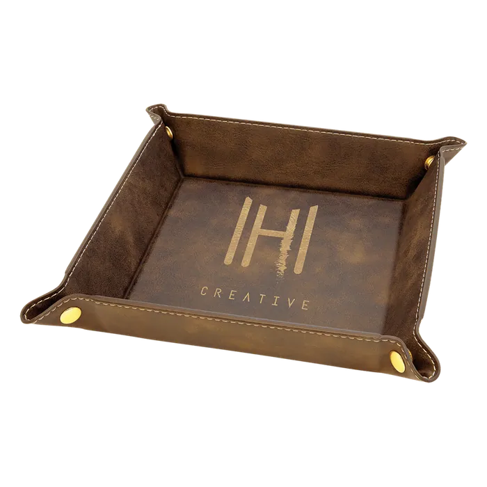 6" x 6" Rustic/Gold Laserable Leatherette Snap Up Tray with Silver Snaps