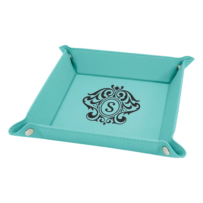 6" x 6" Teal Laserable Leatherette Snap Up Tray with Silver Snaps