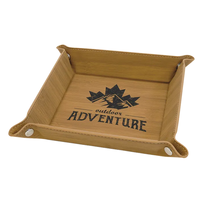 6" x 6" Bamboo Laserable Leatherette Snap Up Tray with Silver Snaps