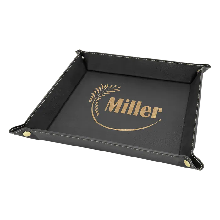 9" x 9" Black/Gold Laserable Leatherette Snap Up Tray with Gold Snaps