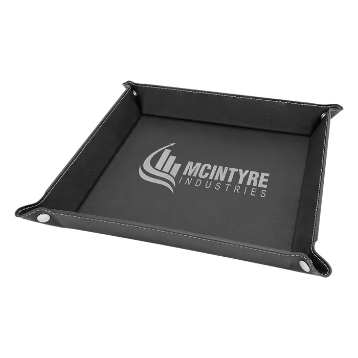 9" x 9" Black/Silver Laserable Leatherette Snap Up Tray with Silver Snaps