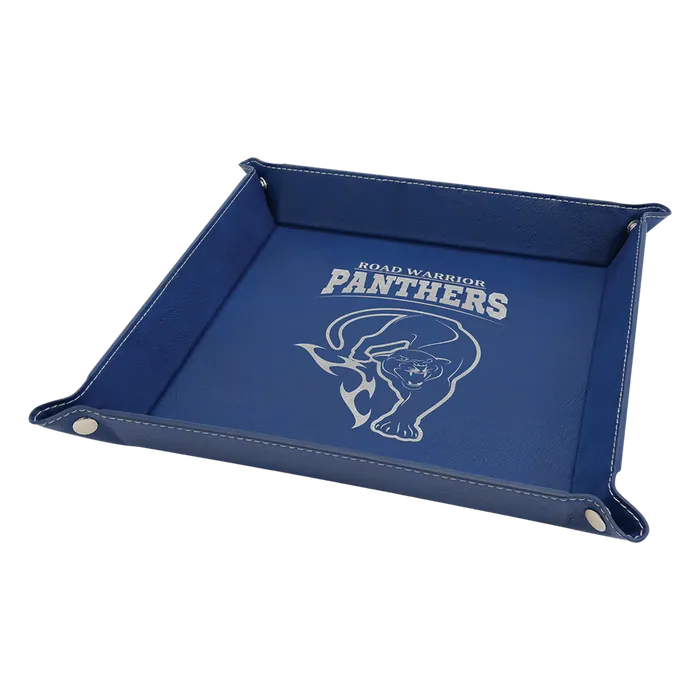 9" x 9" Blue/Silver Laserable Leatherette Snap Up Tray with Silver Snaps