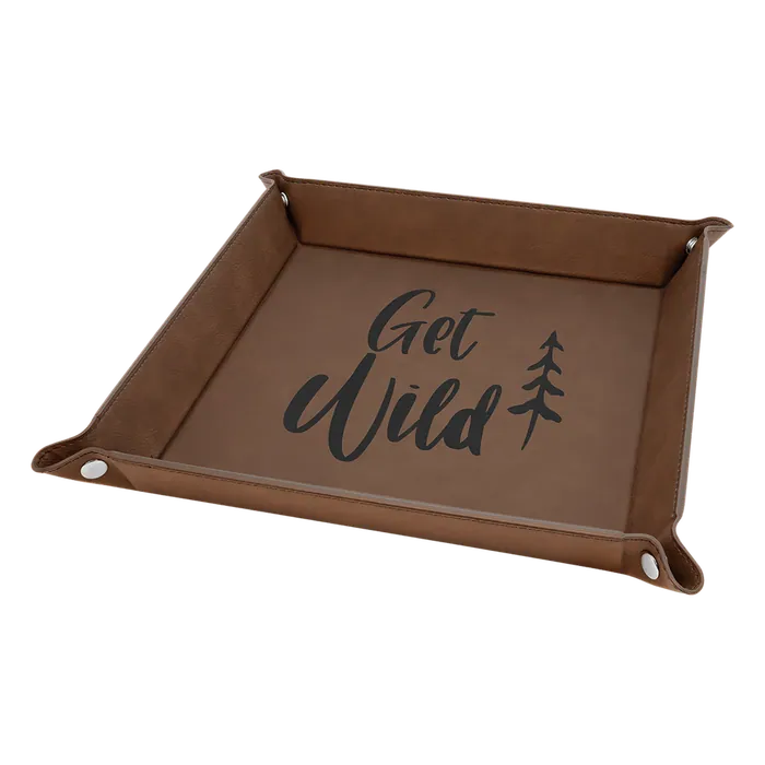 9" x 9" Dark Brown Laserable Leatherette Snap Up Tray with Silver Snaps
