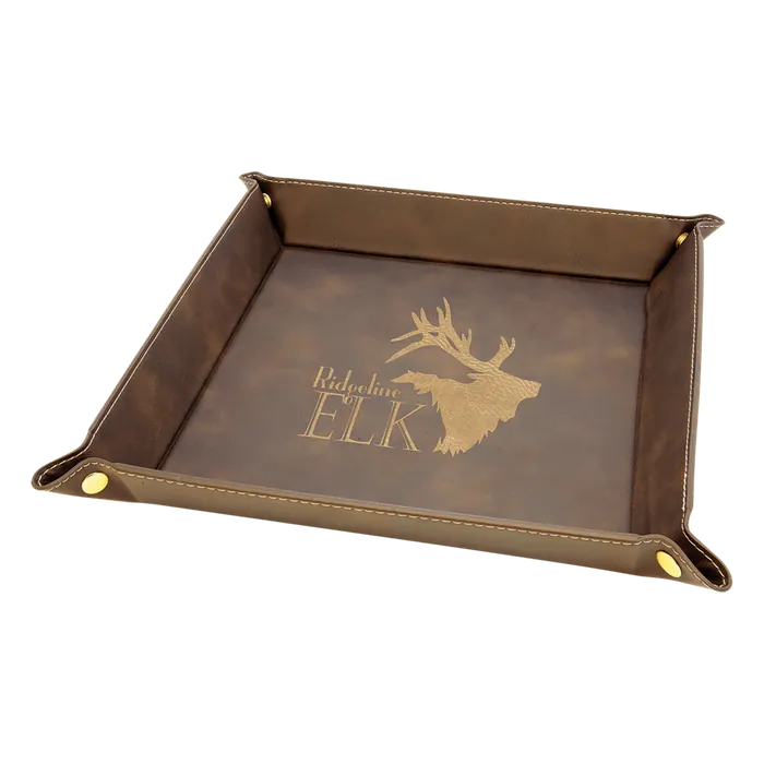 9" x 9" Rustic/Gold Laserable Leatherette Snap Up Tray with Gold Snaps