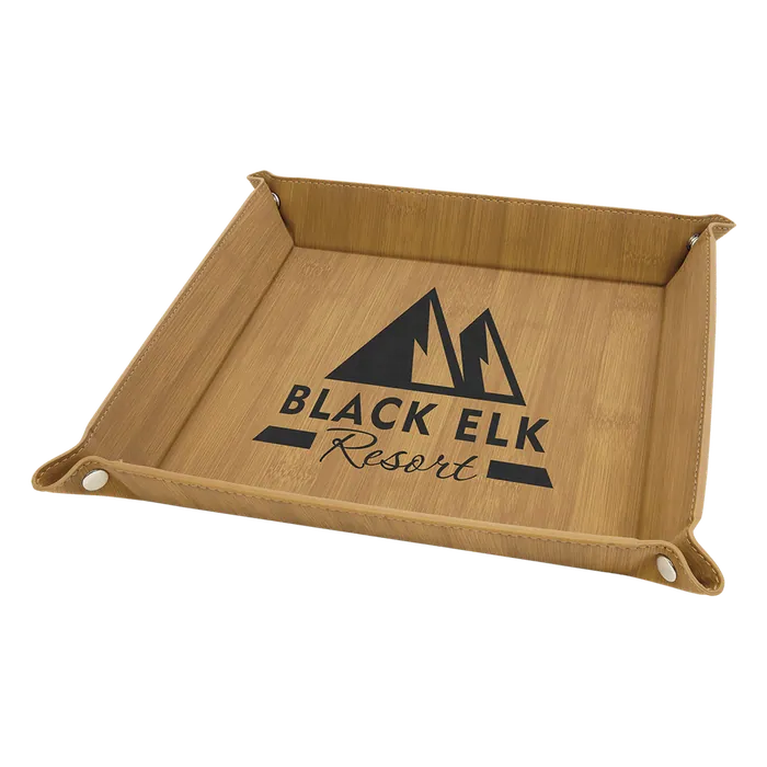9" x 9" Bamboo Laserable Leatherette Snap Up Tray with Silver Snaps