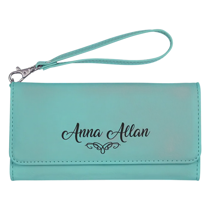 Teal Lasered Leatherette Wallet with Wrist Strap