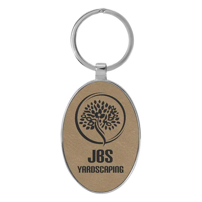 Light Brown Lasered Leatherette/Metal Oval Keychain