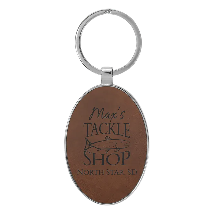 Dark Brown Lasered Leatherette/Metal Oval Keychain