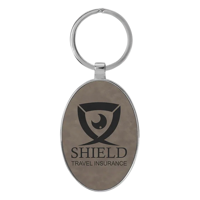 Gray Lasered Leatherette/Metal Oval Keychain