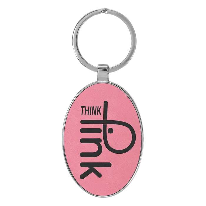 Pink Lasered Leatherette/Metal Oval Keychain
