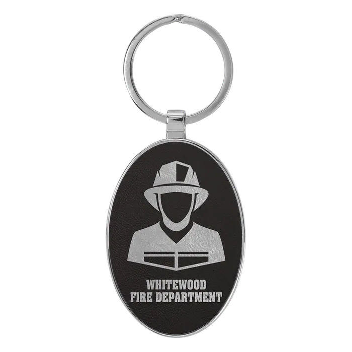Black/Silver Lasered Leatherette/Metal Oval Keychain
