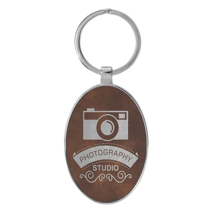 Rustic/Silver Lasered Leatherette/Metal Oval Keychain