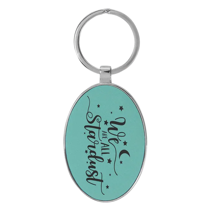 Teal Lasered Leatherette/Metal Oval Keychain