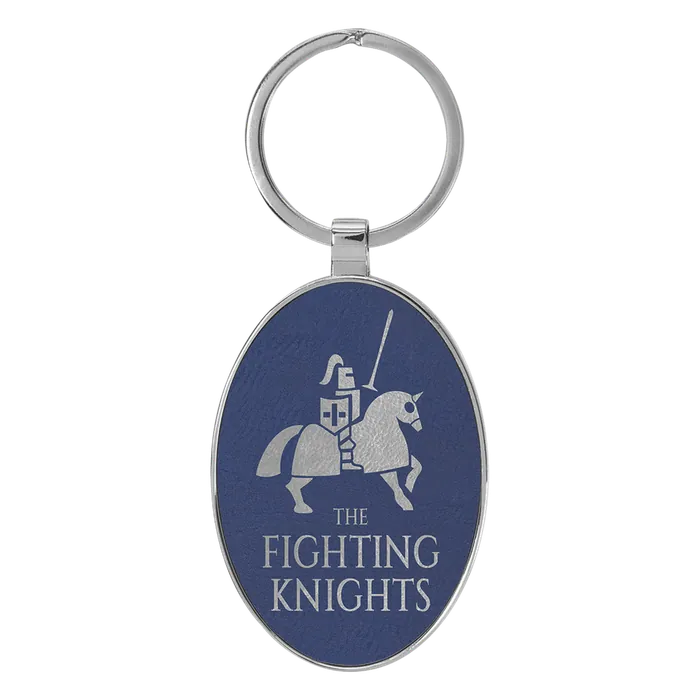 Blue/Silver Lasered Leatherette/Metal Oval Keychain