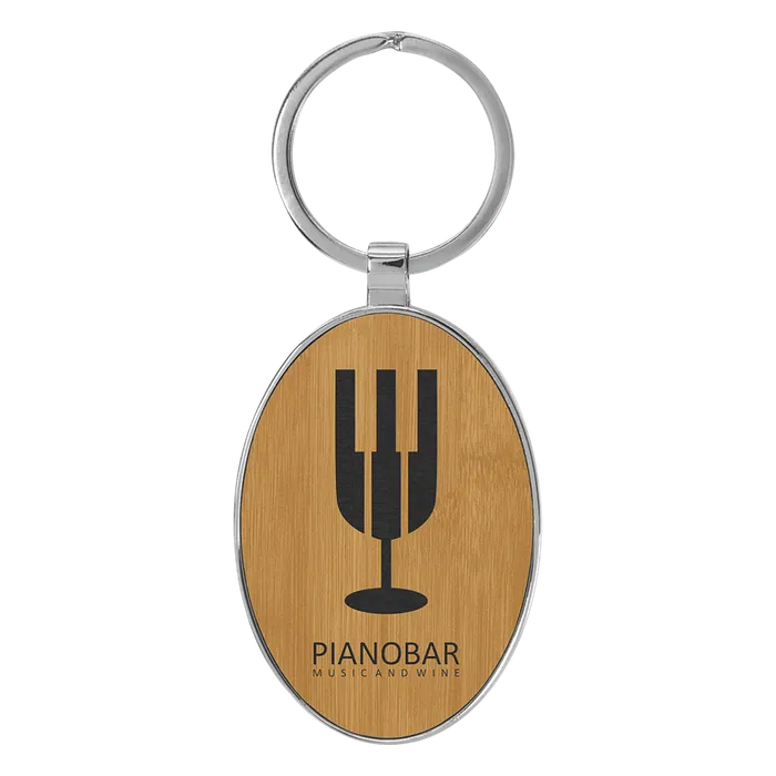 Bamboo Lasered Leatherette/Metal Oval Keychain