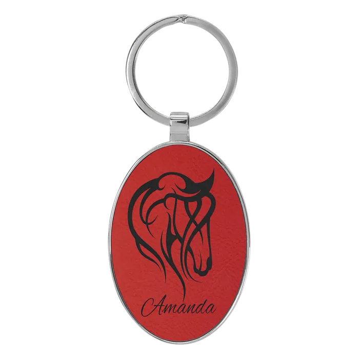 Red Lasered Leatherette/Metal Oval Keychain