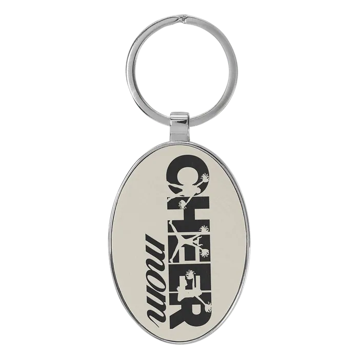 White Lasered Leatherette/Metal Oval Keychain