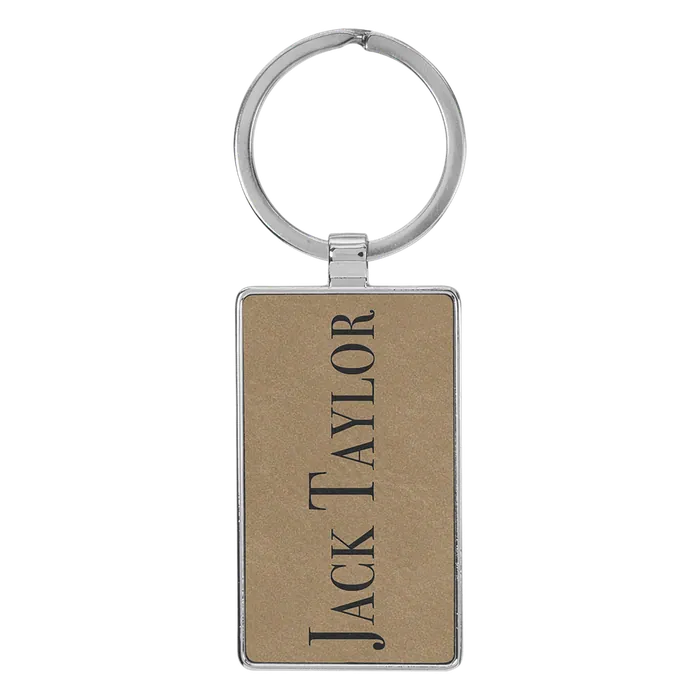 Light Brown Lasered Leatherette/Metal Rectangle Keychain