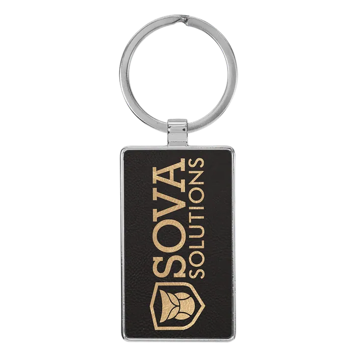 Black/Gold Lasered Leatherette/Metal Rectangle Keychain