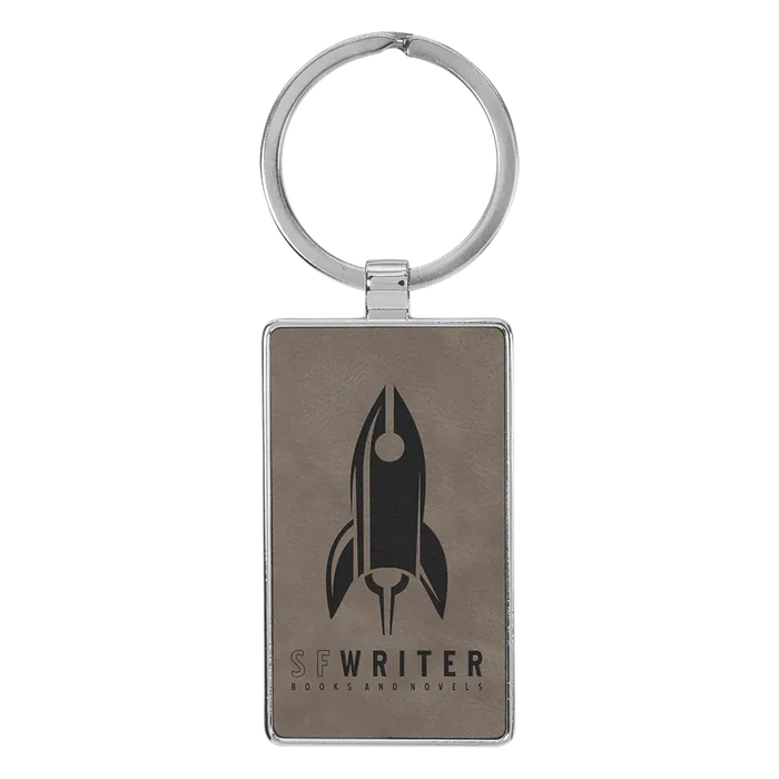 Gray Lasered Leatherette/Metal Rectangle Keychain