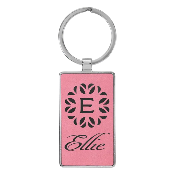 Pink Lasered Leatherette/Metal Rectangle Keychain