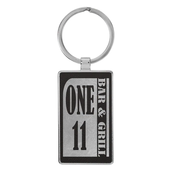 Black/Silver Lasered Leatherette/Metal Rectangle Keychain