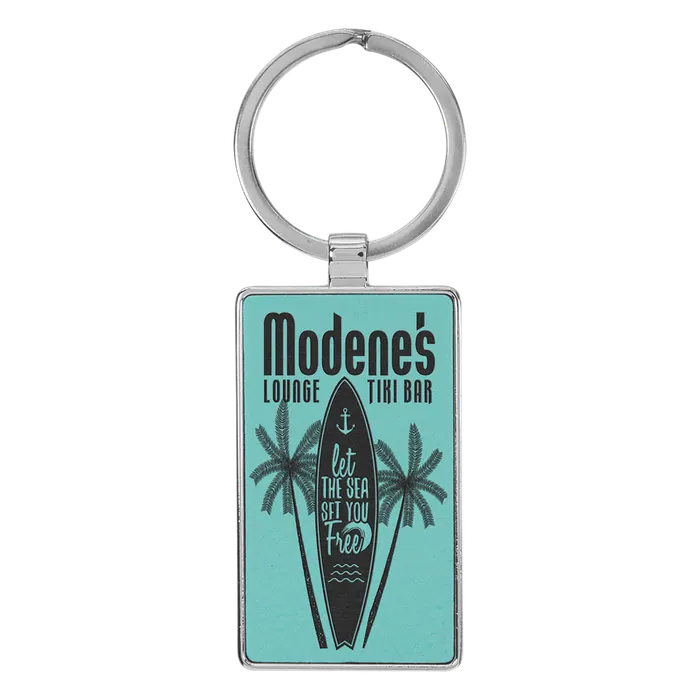 Teal Leatherette Rectangle Metal Frame Keychain