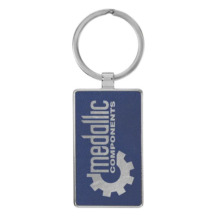 Blue/Silver Lasered Leatherette/Metal Rectangle Keychain