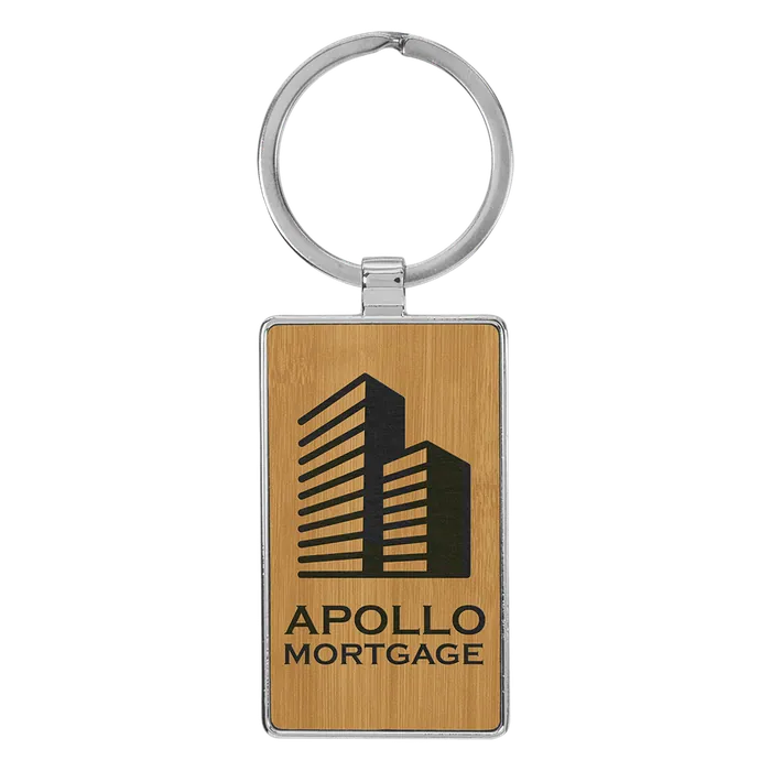 Bamboo Lasered Leatherette/Metal Rectangle Keychain