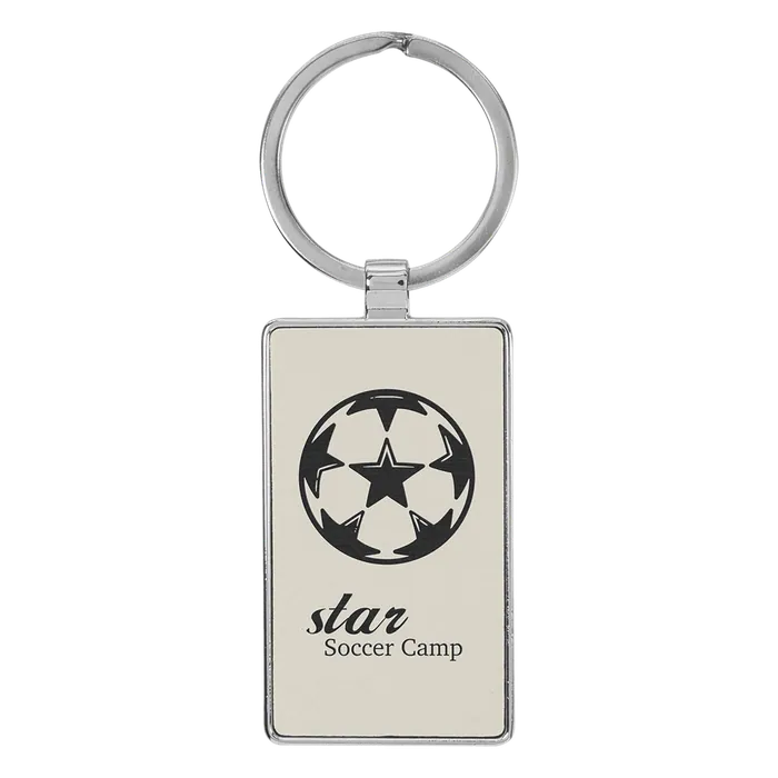 White Lasered Leatherette/Metal Rectangle Keychain
