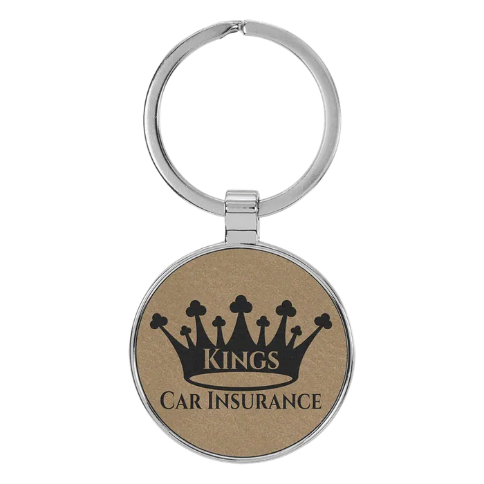 Light Brown Lasered Leatherette/Metal Round Keychain