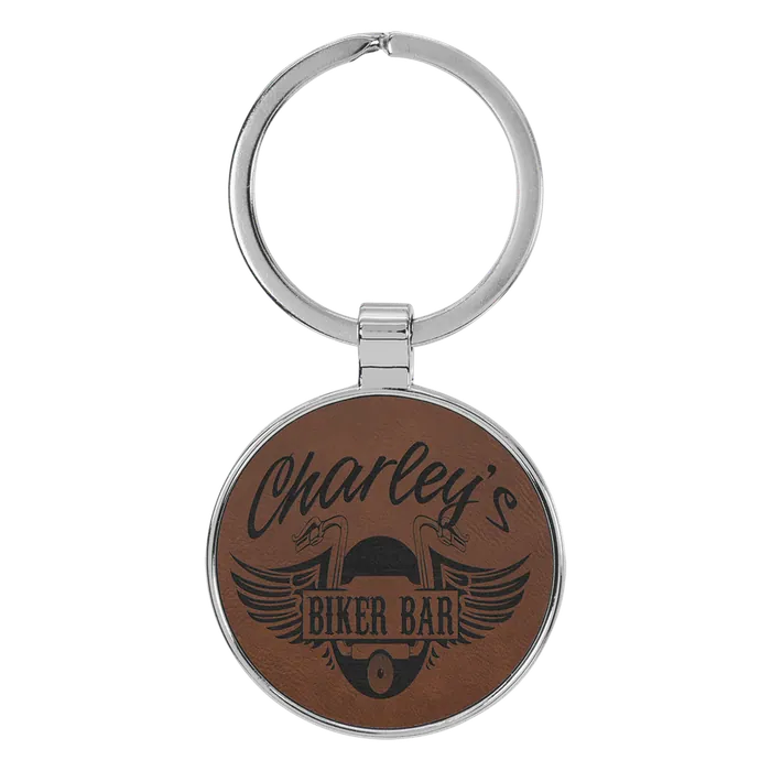 Dark Brown Lasered Leatherette/Metal Round Keychain