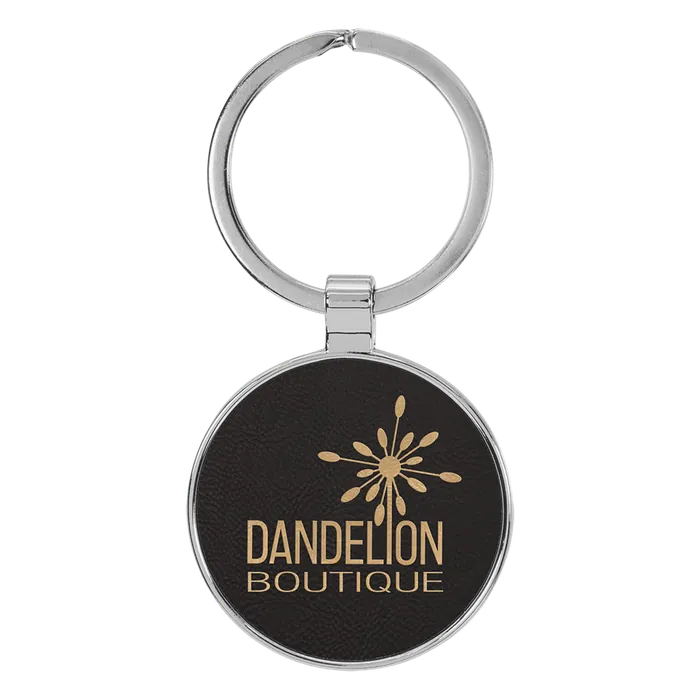 Black/Gold Lasered Leatherette/Metal Round Keychain