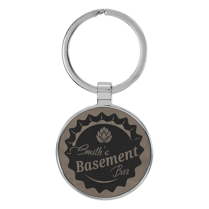 Gray Lasered Leatherette/Metal Round Keychain