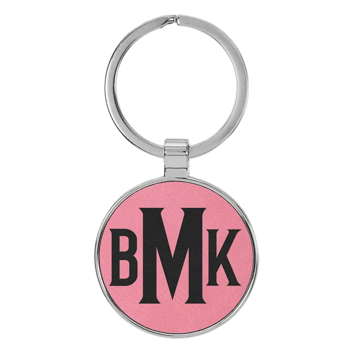 Pink Lasered Leatherette/Metal Round Keychain