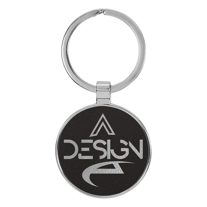 Black/Silver Lasered Leatherette/Metal Round Keychain