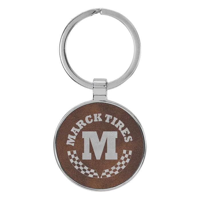 Rustic/Silver Lasered Leatherette/Metal Round Keychain