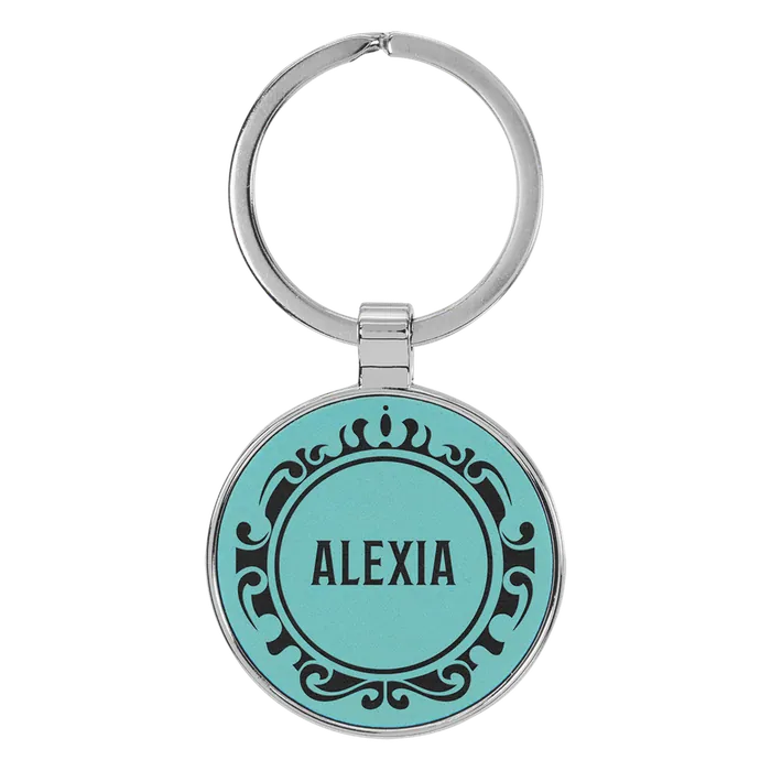 Teal Lasered Leatherette/Metal Round Keychain