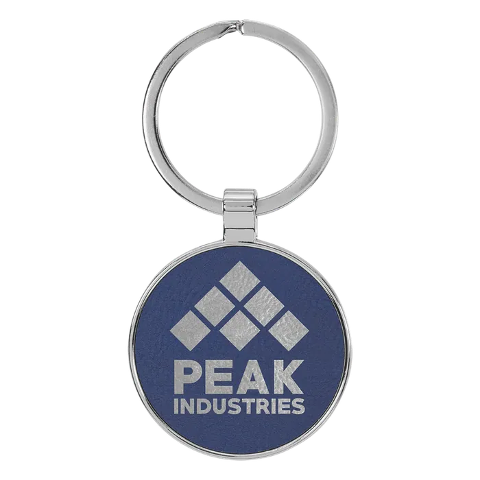 Blue/Silver Lasered Leatherette/Metal Round Keychain