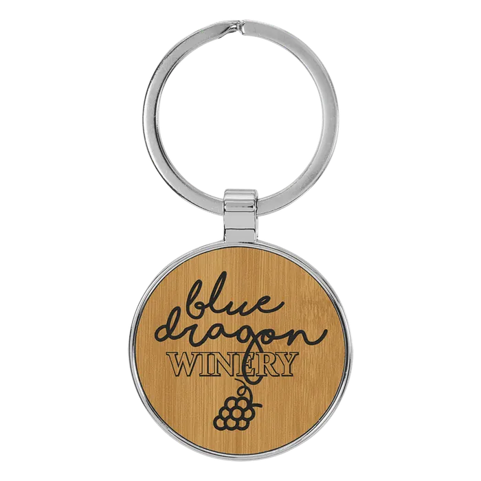 Bamboo Lasered Leatherette/Metal Round Keychain