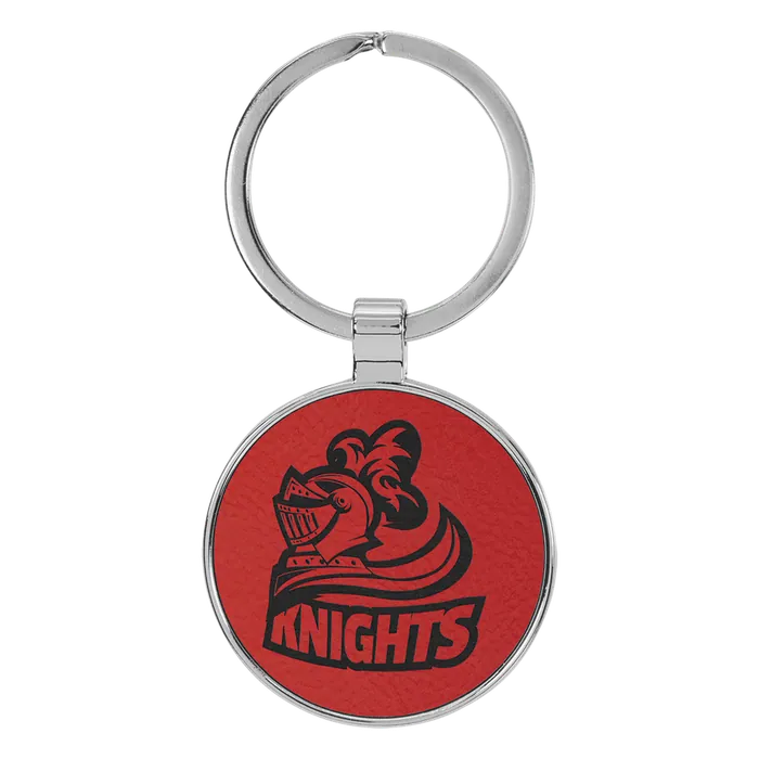 Red Lasered Leatherette/Metal Round Keychain