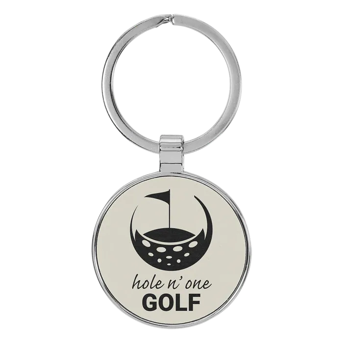 White Lasered Leatherette/Metal Round Keychain