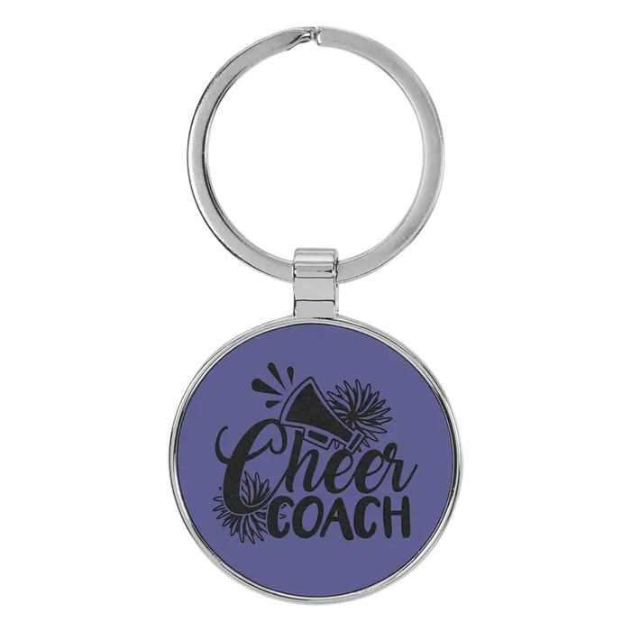 Purple Leatherette Round Metal Frame Keychain