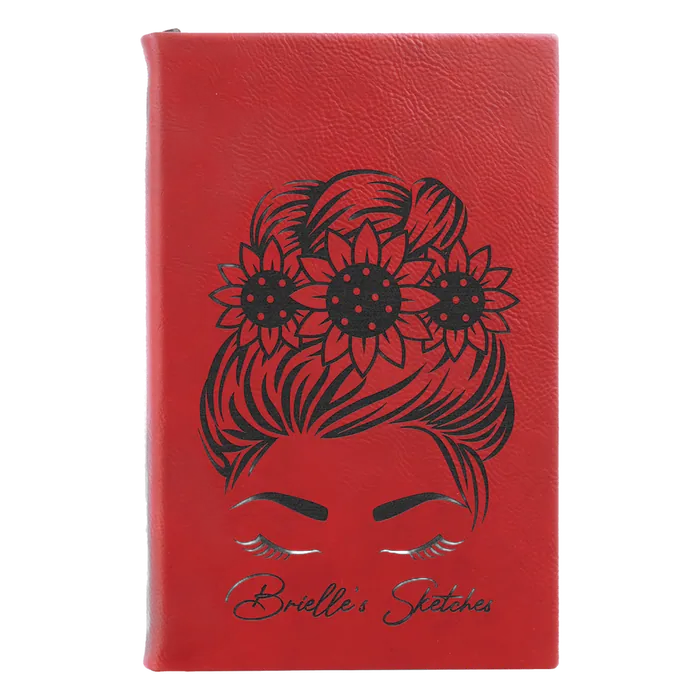 Red Lasered Leatherette Sketch Book with White Unlined Paper, 5 1/4" x 8 1/4"
