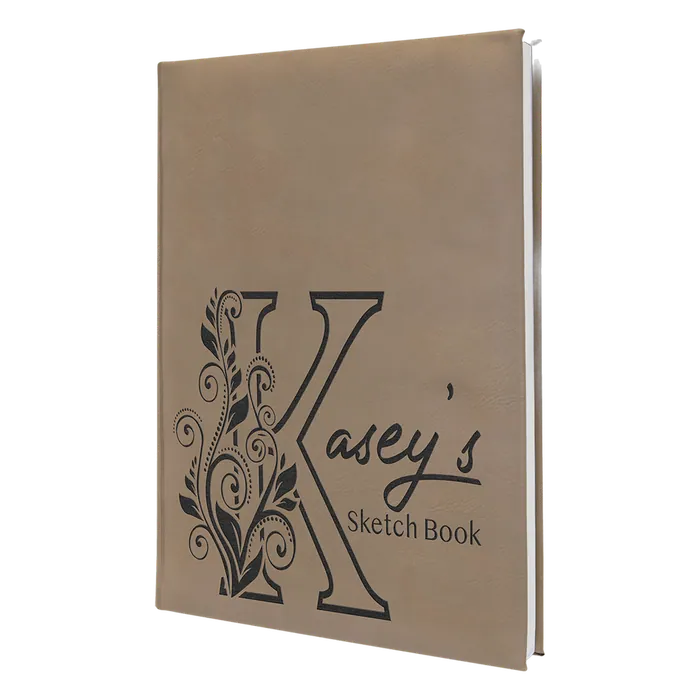 Light Brown Lasered Leatherette Sketch Book with White Unlined Paper, 7" x 9 3/4"